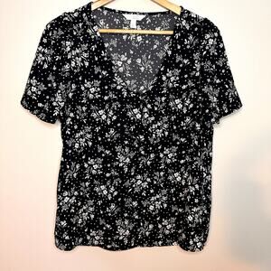 Lauren Conrad Black and White Floral Tie Front Blouse Short Sleeve size L